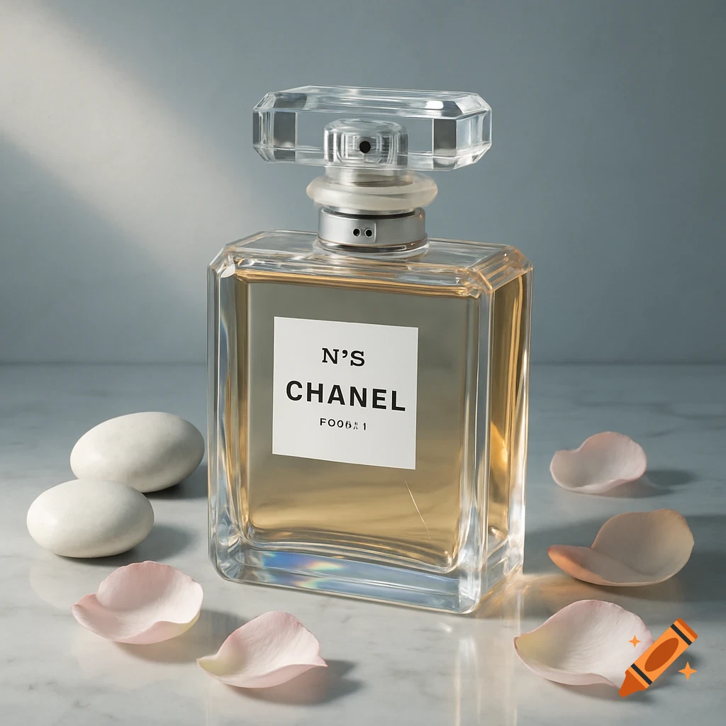 A clear glass Chanel perfume bottle with gold liquid and a faceted cap sits on a marble surface with white stones and pink rose petals around it. Photorealistic.