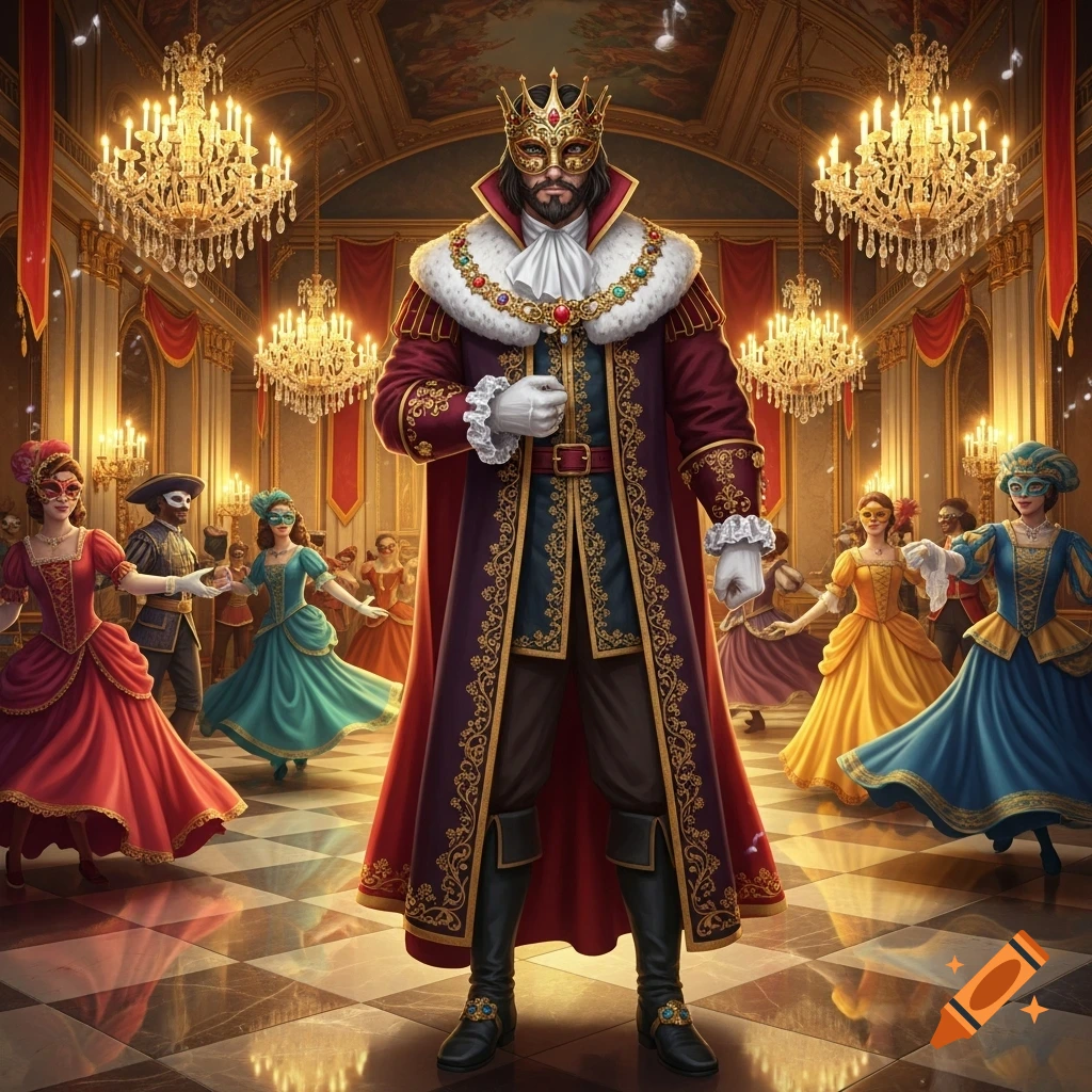 A masked king in a crown and regal red and gold attire stands in a grand ballroom with other masked dancers.