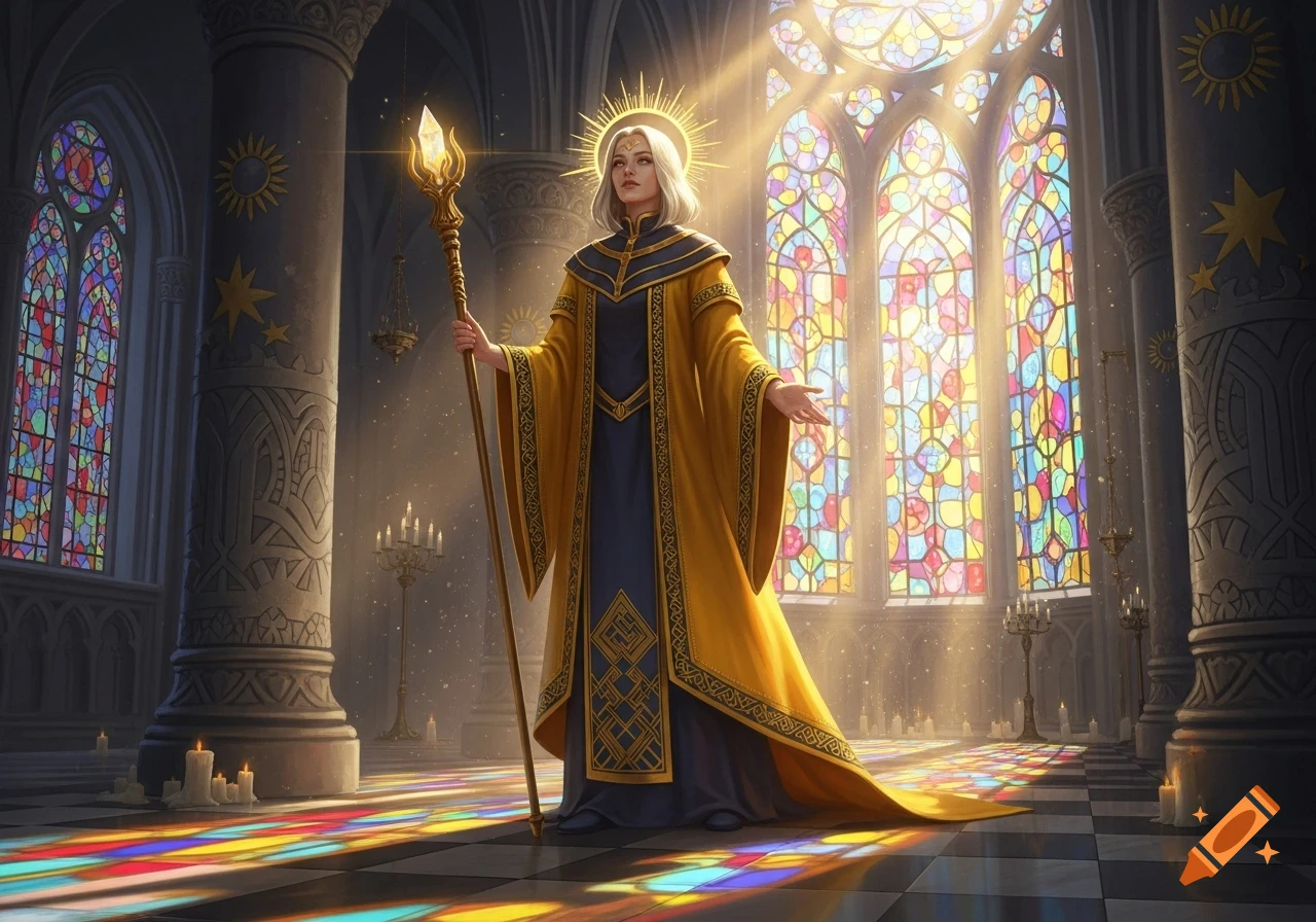 A female cleric in a gold and blue robe with a glowing staff and halo ...