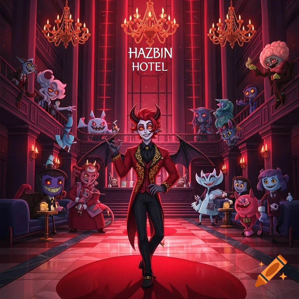 Animated demon characters gather in a lavish, red-lit hotel lobby, with a horned, winged demon at the center.