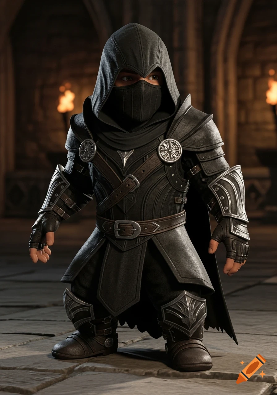 A photorealistic halfling fighter-thief in black hooded armor stands in a dim, torch-lit dungeon.
