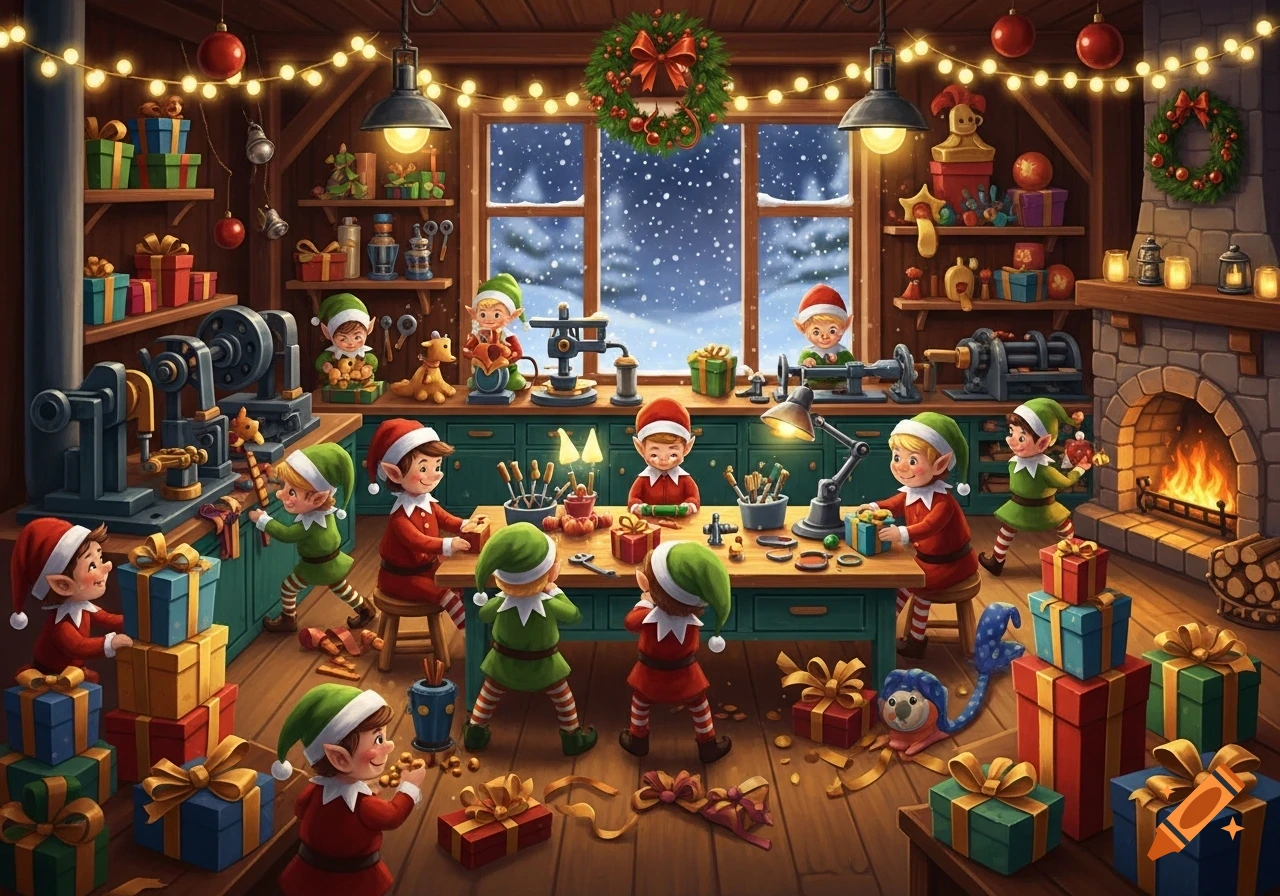 A vibrant, festive illustration of Santa's workshop bustling with many elves crafting and wrapping colorful Christmas presents.