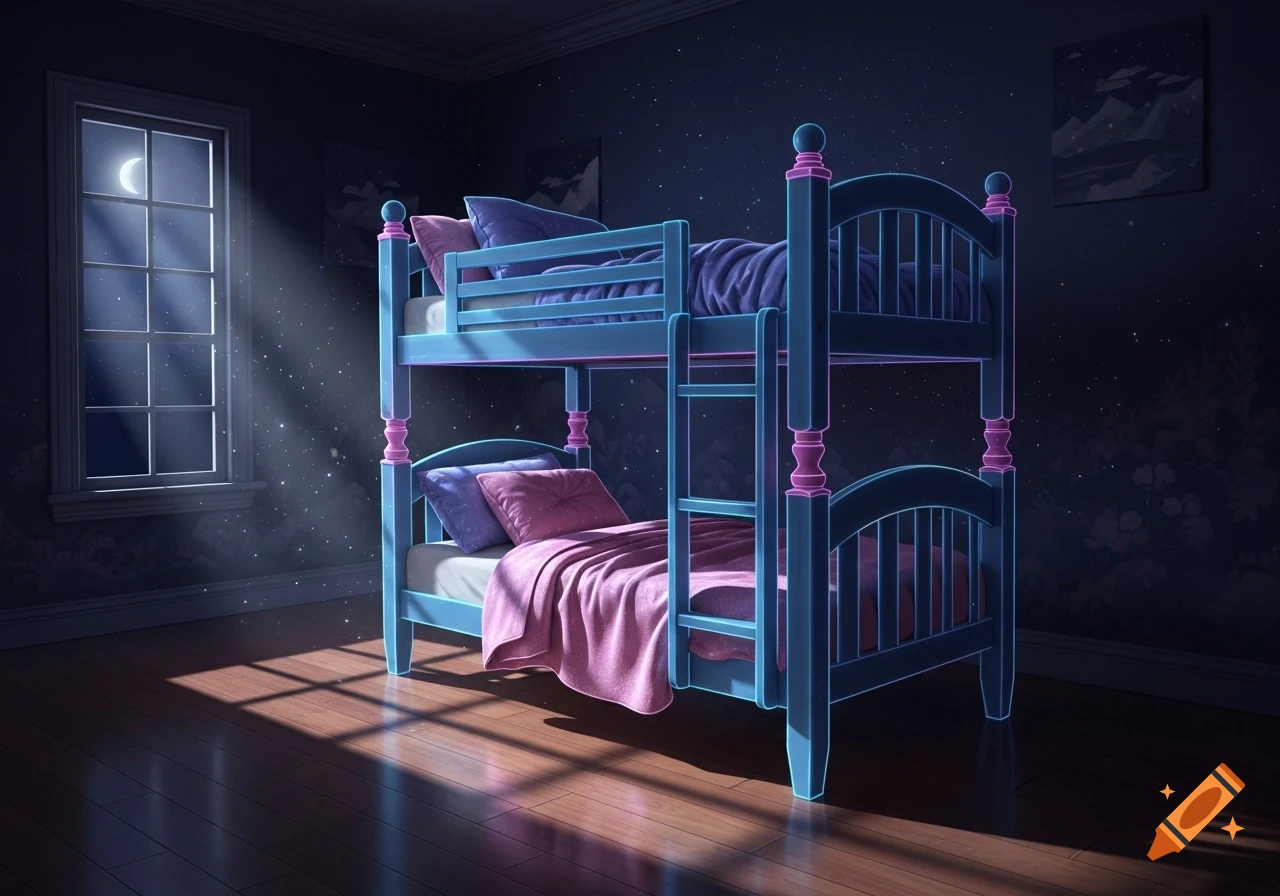 A blue and pink bunk bed stands in a dark bedroom at night, illuminated by moonlight streaming through a window, casting shadows on the wooden floor.