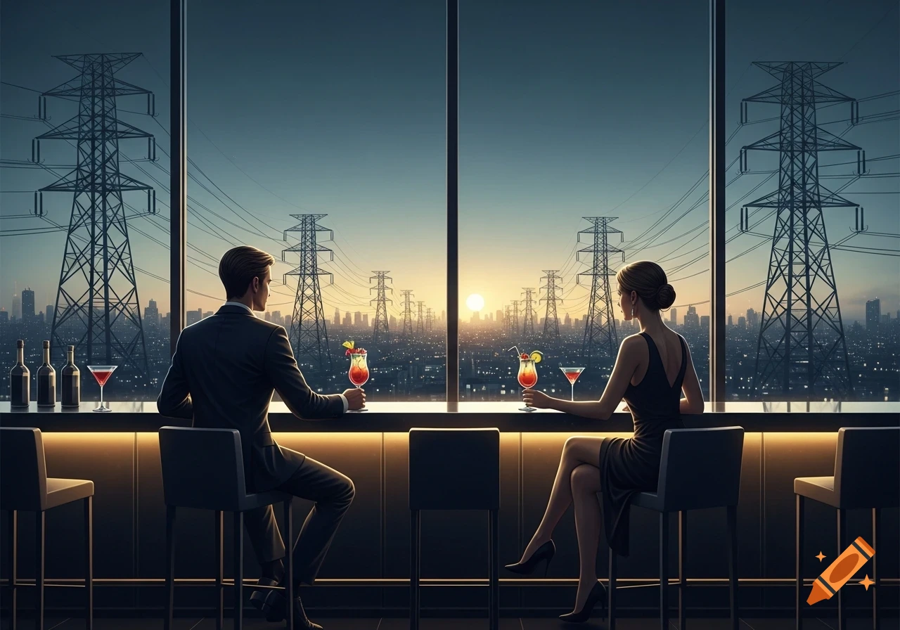 A man and woman drink cocktails at a bar, looking out a large window at a city skyline filled with power transmission towers at sunset.