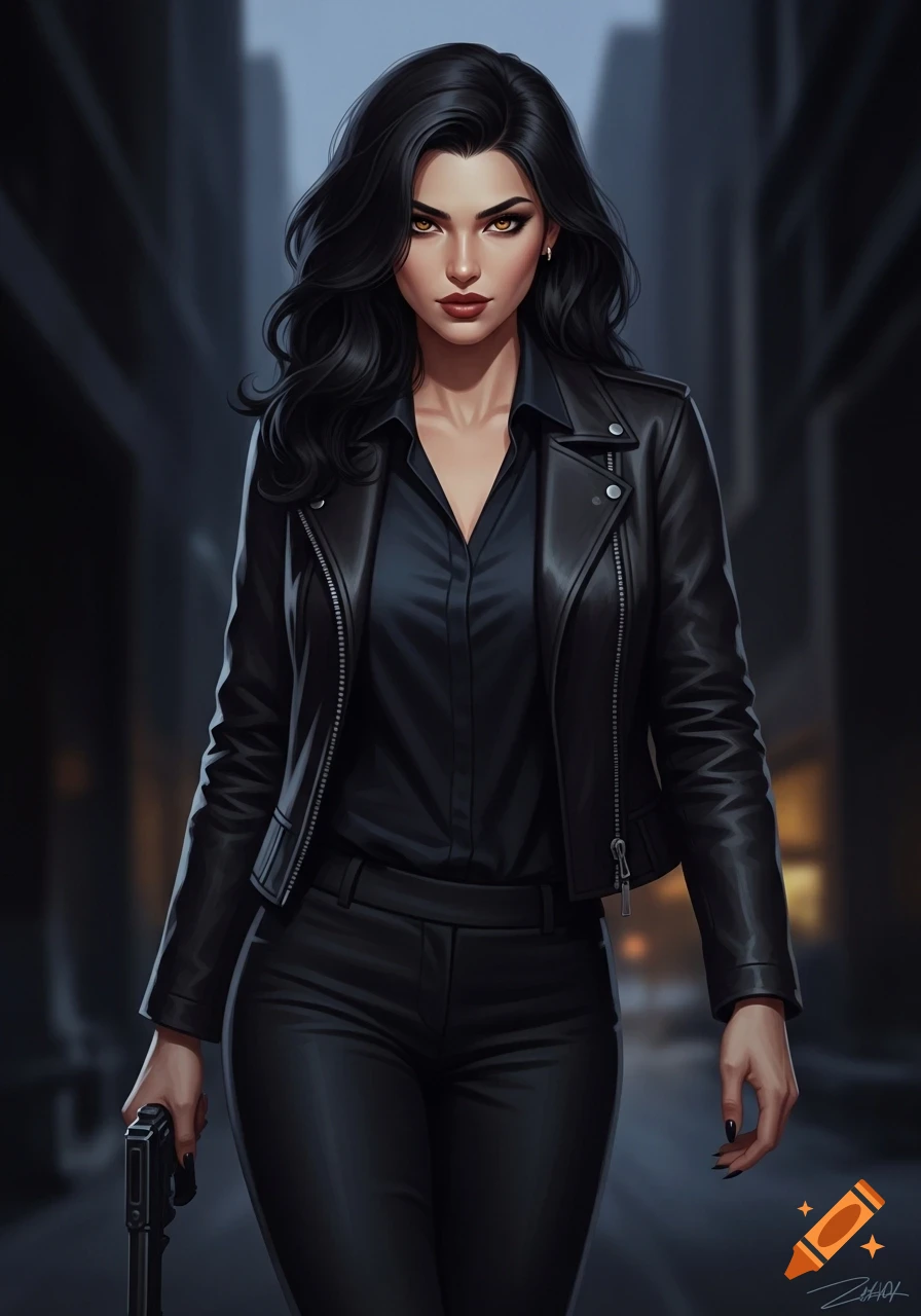 A striking woman with dark hair and honey eyes, wearing a black leather jacket and pants, confidently walks while holding a gun in a dark urban setting.
