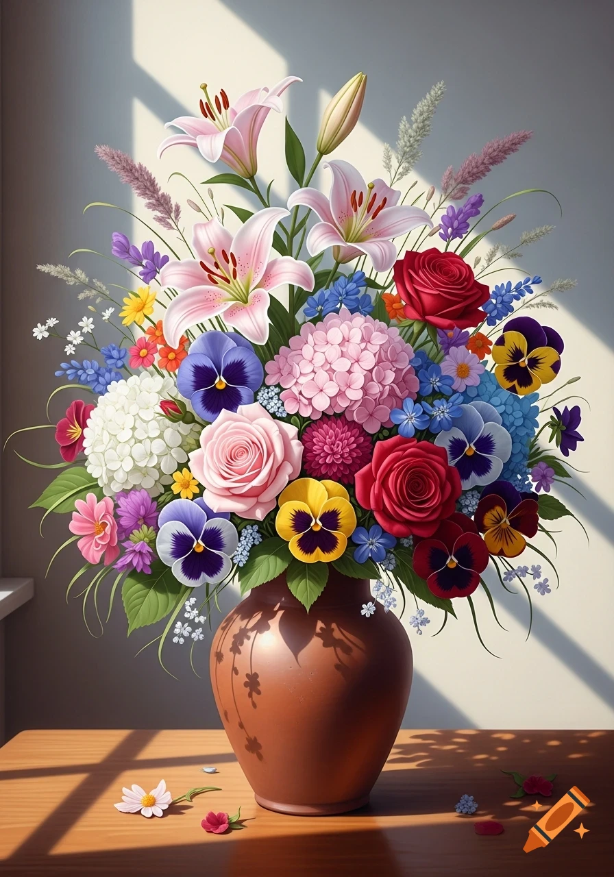 Vibrant bouquet of colorful lilies, roses, pansies, and hydrangeas in a terracotta vase on a sunlit wooden table.