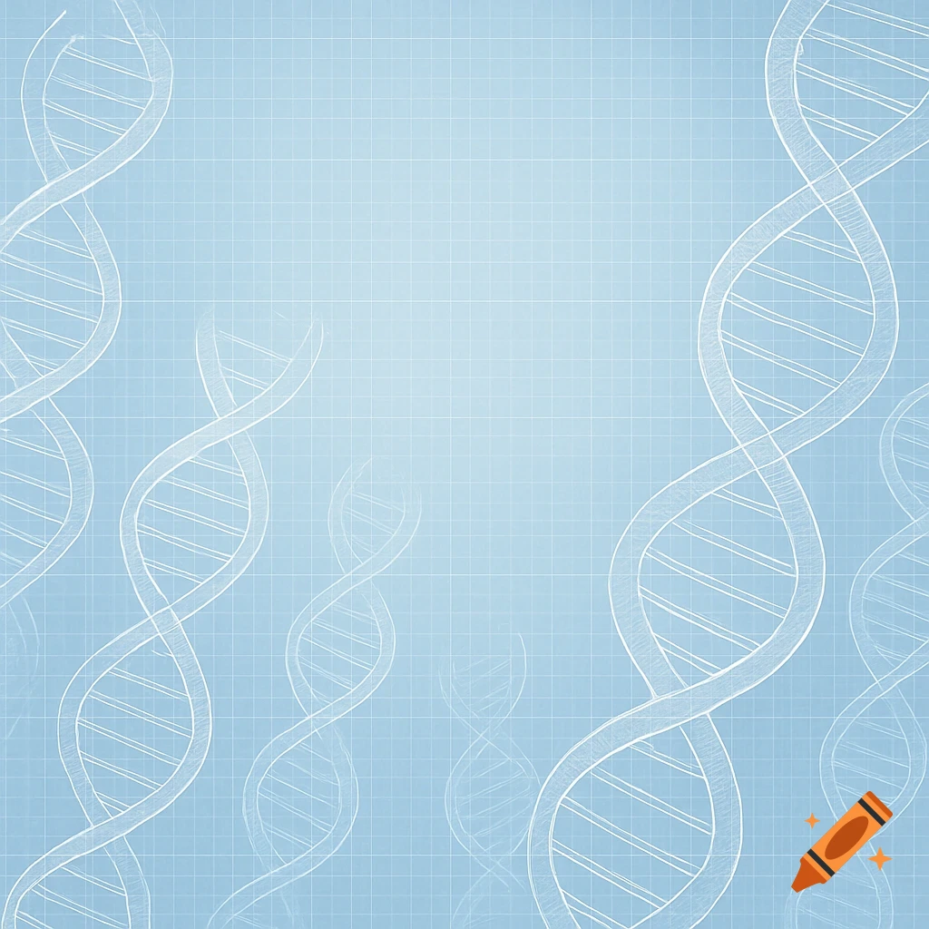 Blue background with a grid pattern features white, faded blueprint-style drawings of DNA double helix strands.