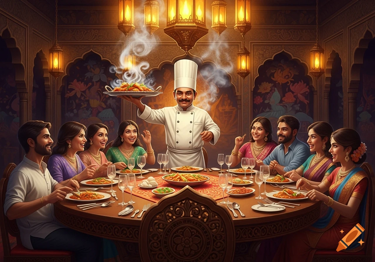 An Indian chef serves a steaming dish to people dining at a richly decorated restaurant table under ornate lanterns.