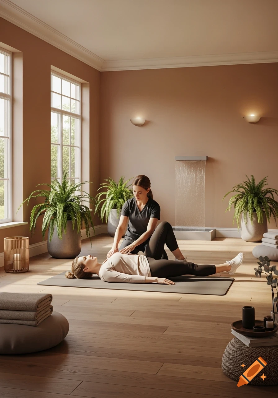 A physiotherapist helps a patient performing exercises on a mat in a bright, modern room with plants and a water feature.