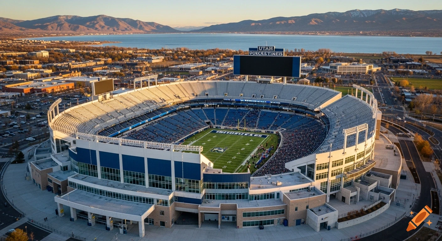 Aerial view of a large blue and white football stadium with a game in progress, surrounded by a city, a lake, and mountains in Utah.