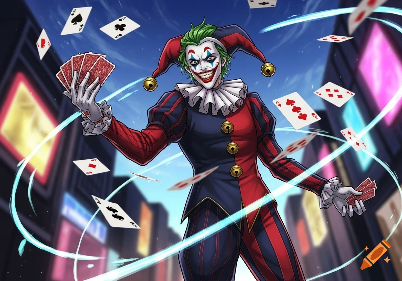Anime-style Joker in a red and blue jester costume, holding playing cards with more cards floating around him, against a city night background.