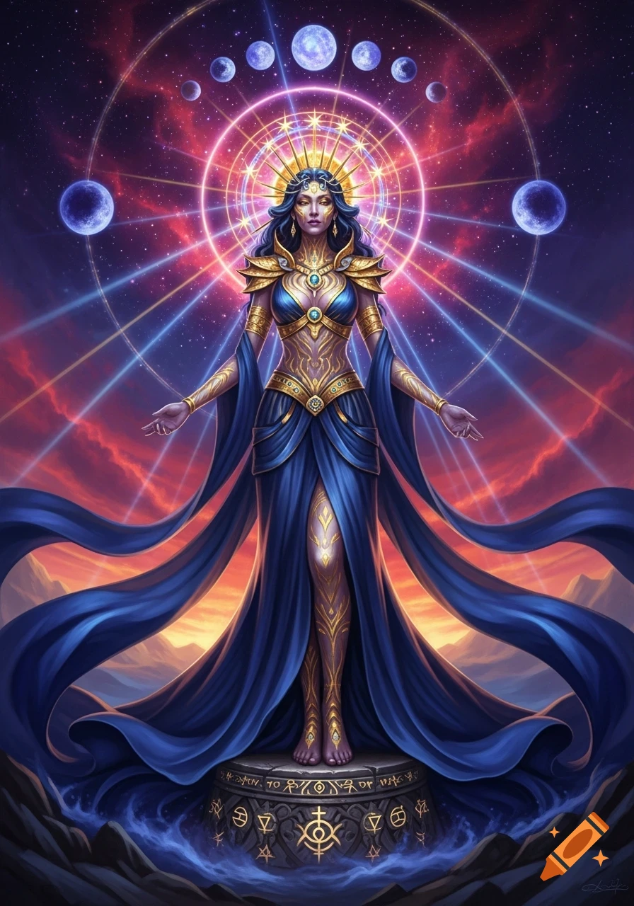 Celestial goddess in blue and gold stands on a symbolic pedestal, surrounded by glowing cosmic rings, planets, and stars.