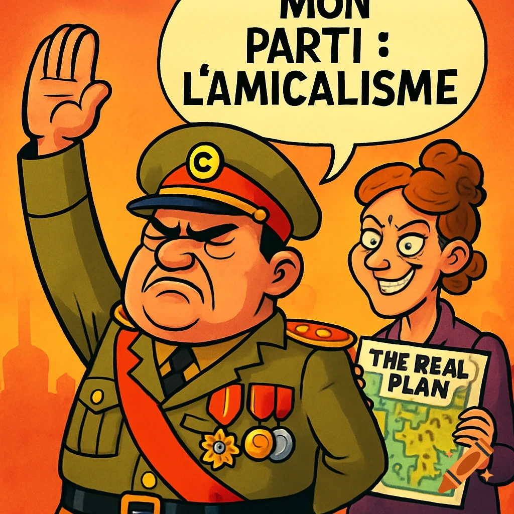 Cartoon of a dictator-like man in uniform saluting, with a speech bubble 'My Party: Amicalism'. Behind him, a smiling woman holds a paper titled 'The Real Plan'.