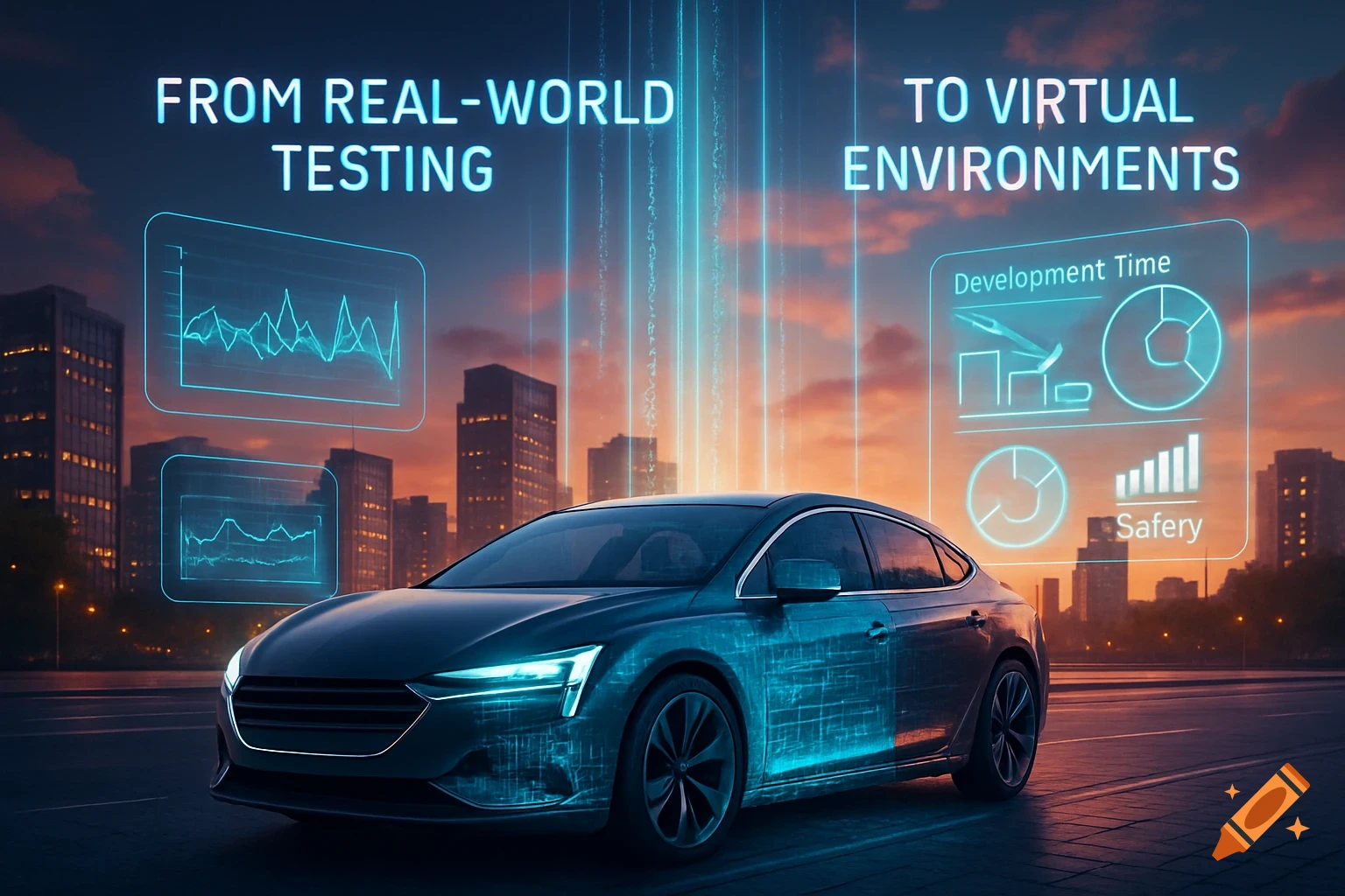 A futuristic car with glowing tech patterns on its body on a road against a city skyline at sunset. Holographic data displays float above it.