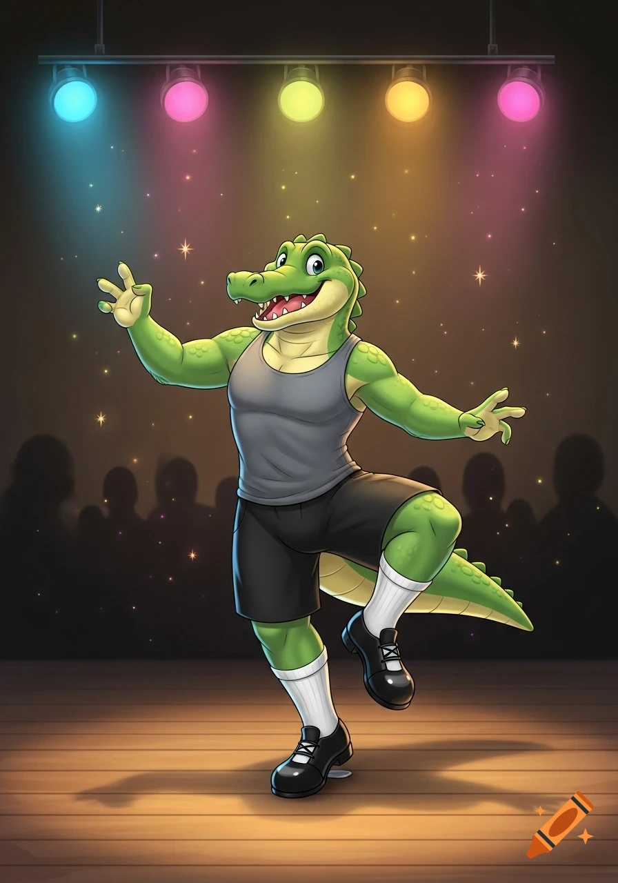 A friendly anthropomorphic cartoon alligator wearing a gray tank top, black shorts, white socks, and black tap shoes tap dances on a stage under colorful spotlights.