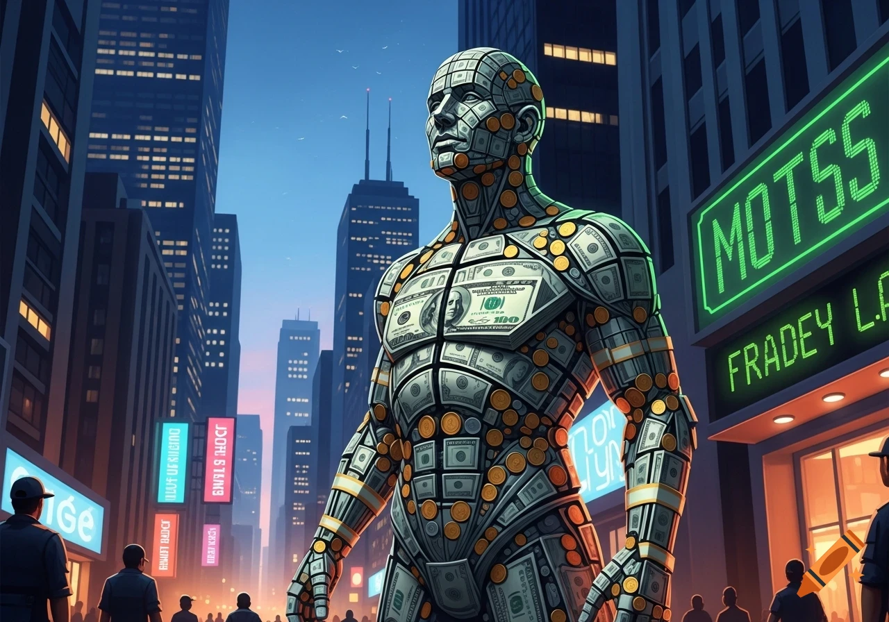 A humanoid figure made of dollar bills and coins stands in a futuristic city street at dusk, surrounded by skyscrapers and neon signs.