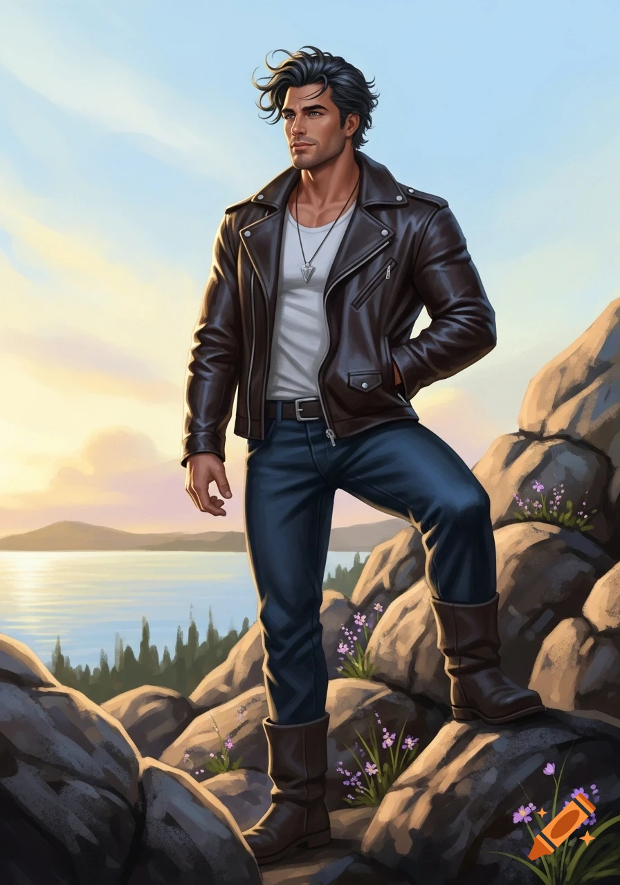 Digital painting of a handsome man in a leather jacket and jeans standing on rocks, looking at a lake at sunset.