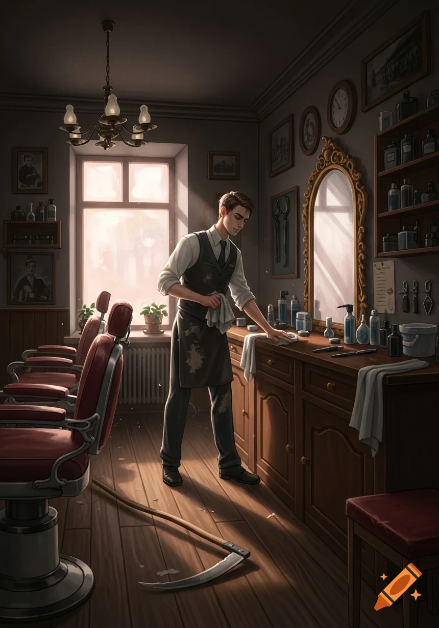 A young man in an apron cleans a dark, old-fashioned barbershop with red leather chairs, a golden mirror, and a scythe on the floor, bathed in morning light.