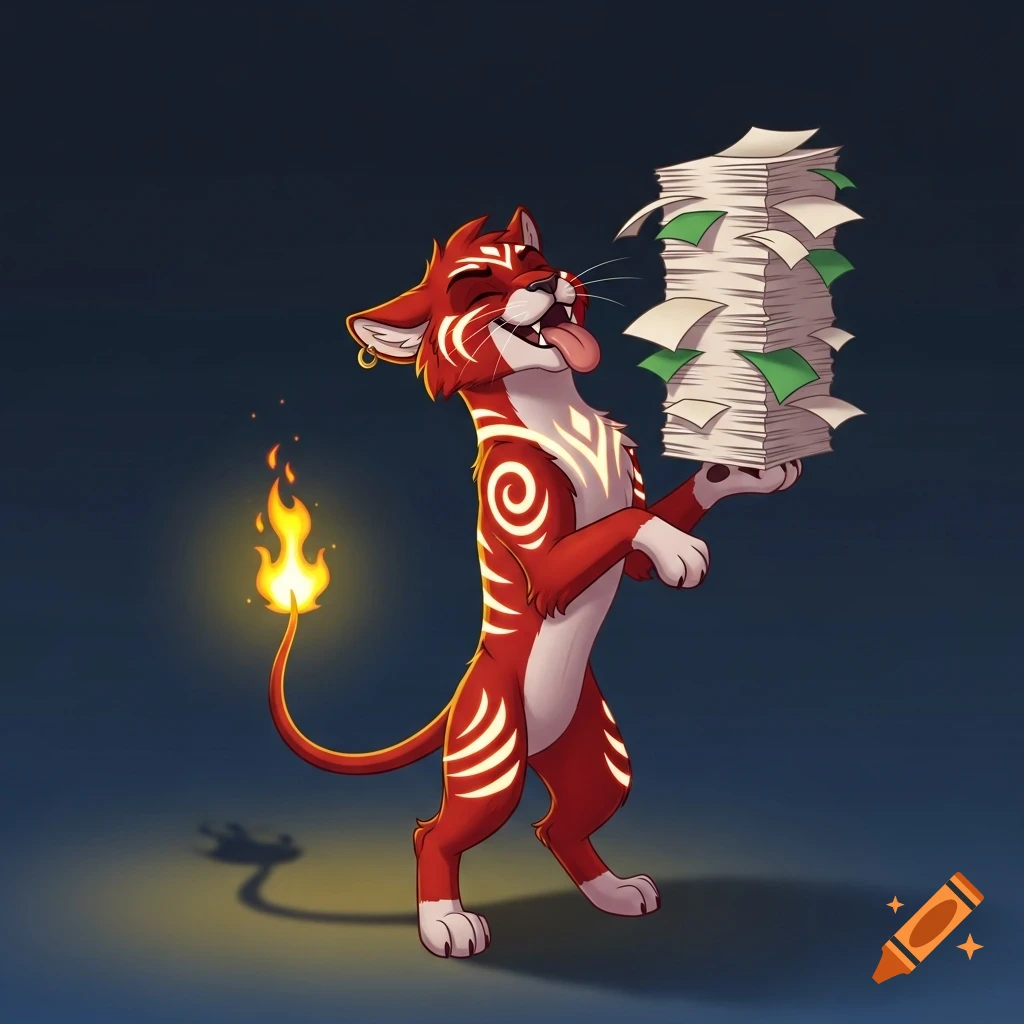 A whimsical red feline-lion hybrid with glowing tribal markings and a fiery tail balances a paper stack, tongue out, in cartoon style.