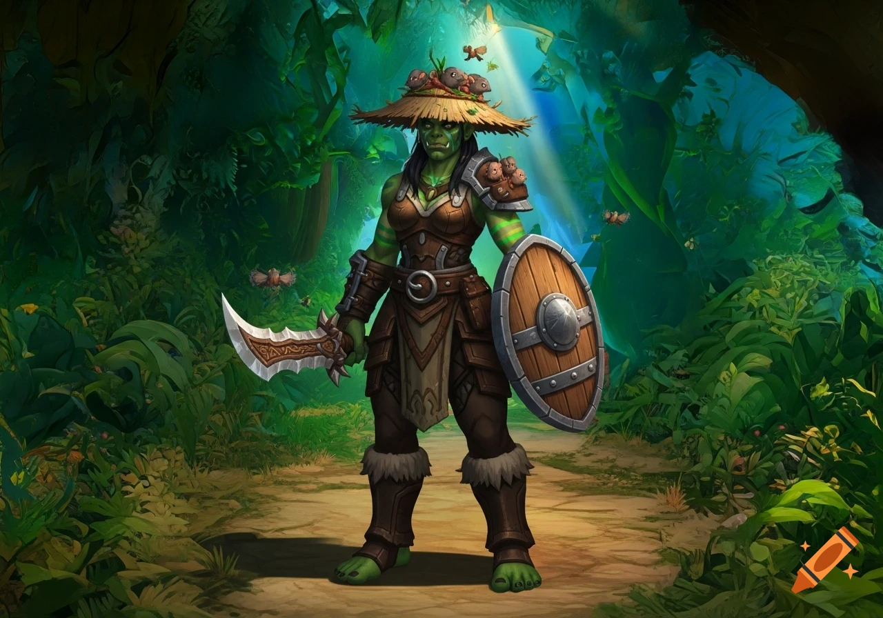 A female orc druid in leather armor and a straw hat with vermin, holding a sword and wooden shield, stands in a lush jungle.