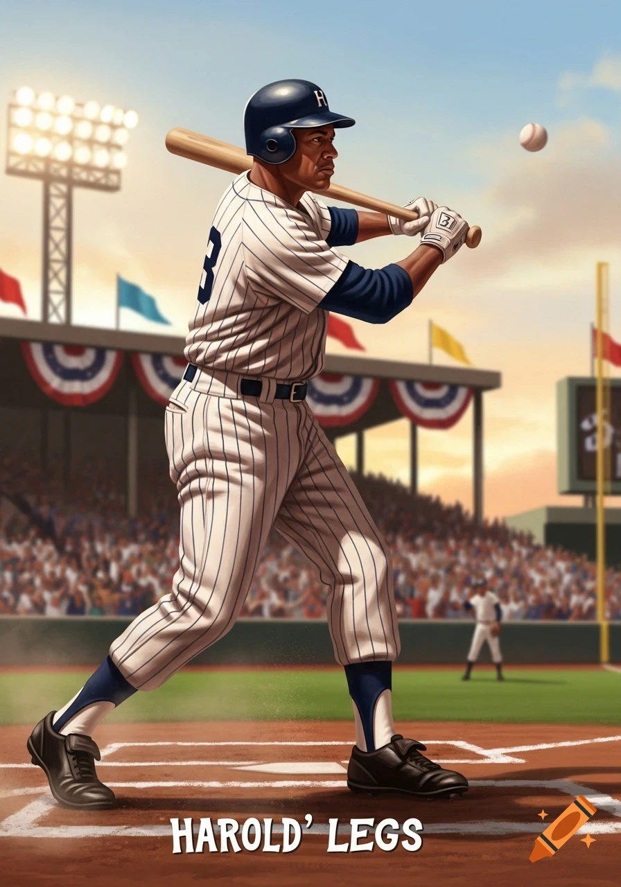 An illustrated baseball player in a pinstriped uniform bats in a stadium, with text "HAROLD' LEGS" at the bottom.