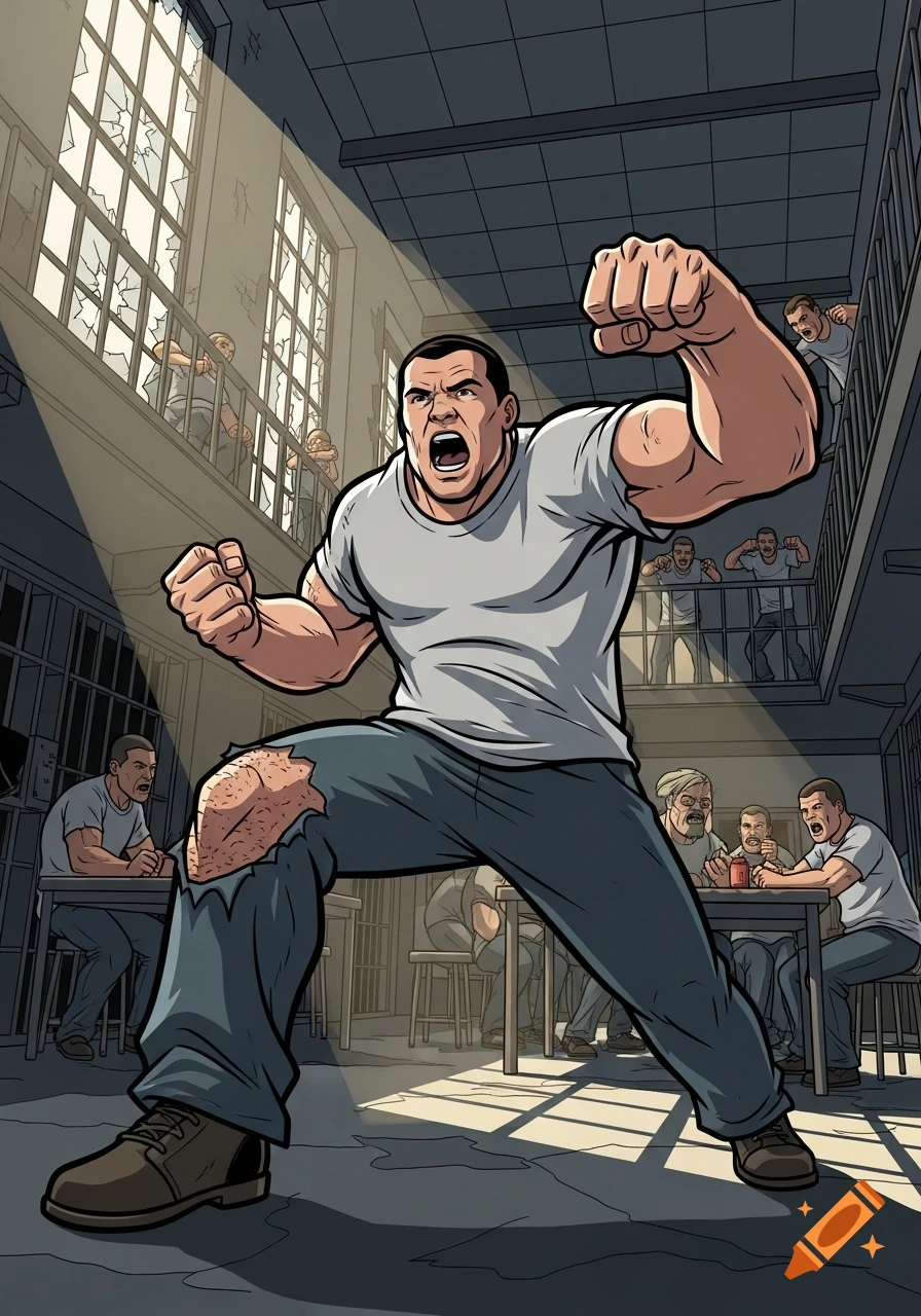 A muscular inmate with torn pants shouts and lunges in a crowded prison cell block, surrounded by other yelling inmates, in a graphic novel style.