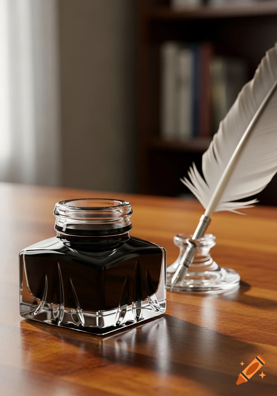 A clear glass ink bottle with black ink and a white feather quill in a holder sit on a polished wooden desk, with a blurry bookshelf in the background.
