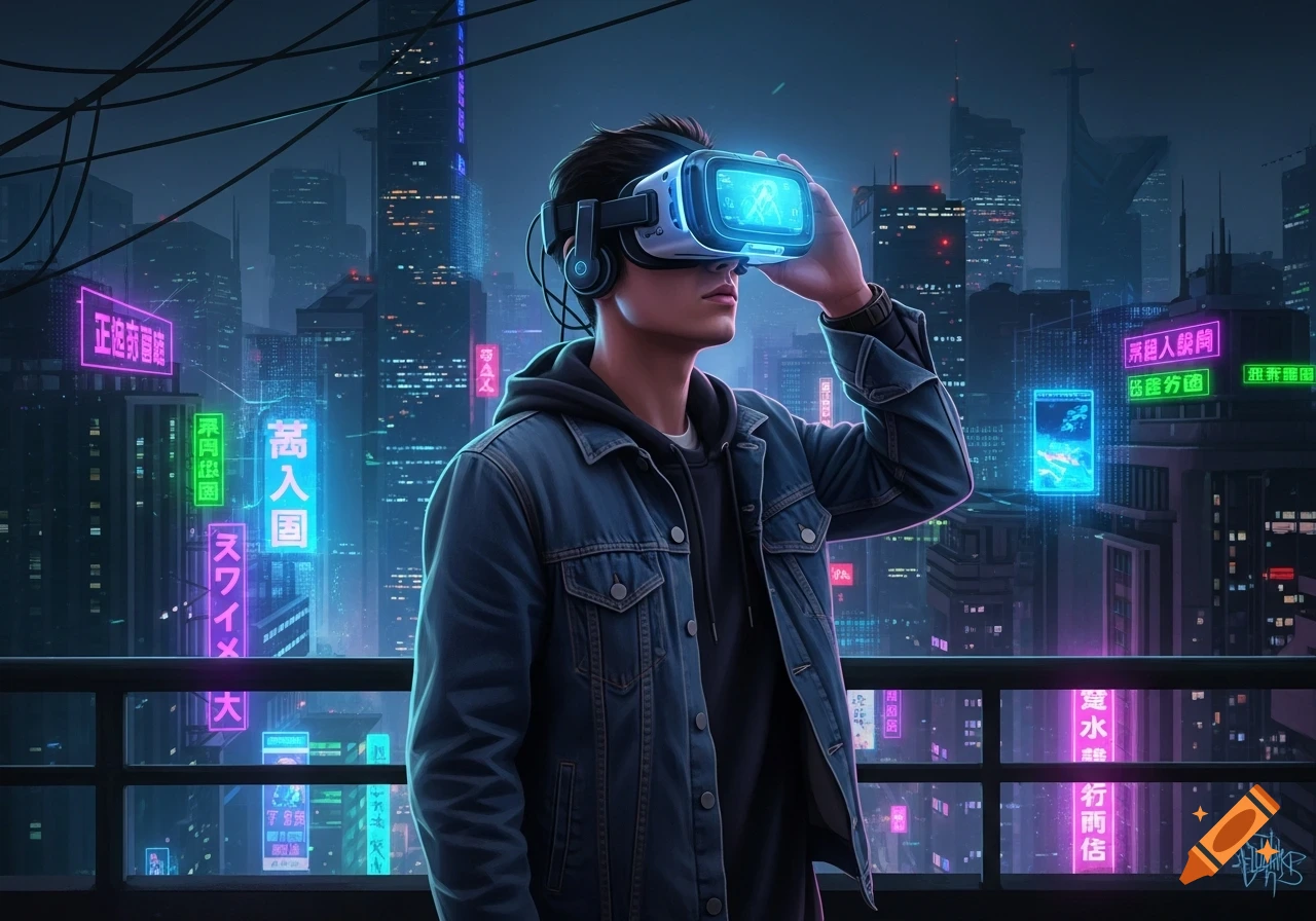 A man wearing a VR headset and headphones, dressed in a denim jacket, stands on a balcony overlooking a futuristic cyberpunk city illuminated by neon lights at night.