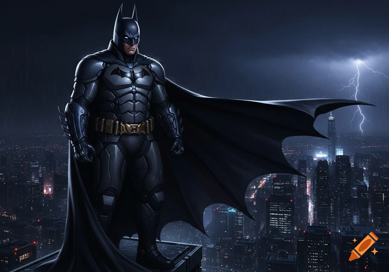 Batman in his Arkham Knight suit stands on a rainy skyscraper rooftop overlooking a vast, stormy city with lightning striking in the distance.
