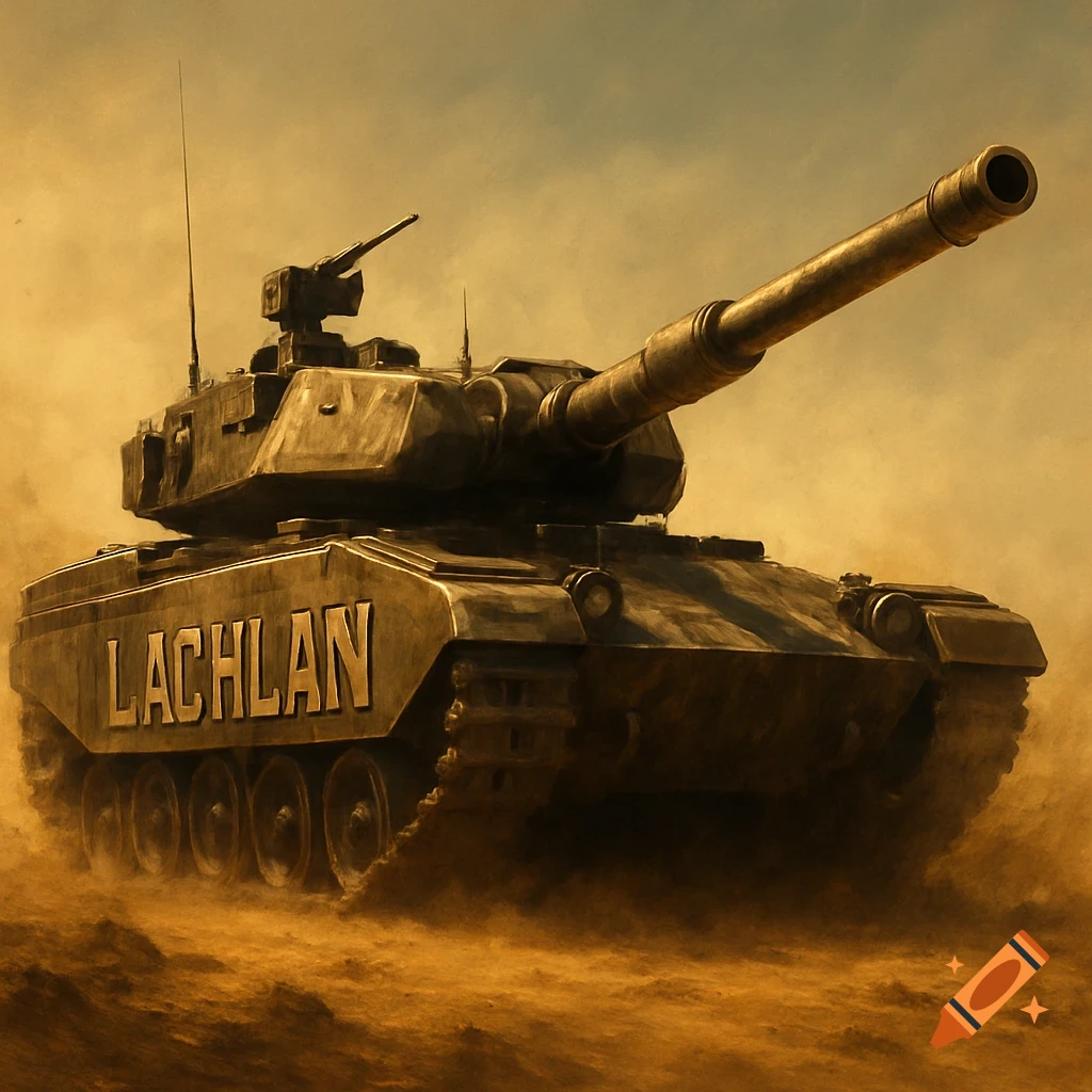 A military tank named 'LACHLAN' in a dusty desert landscape.