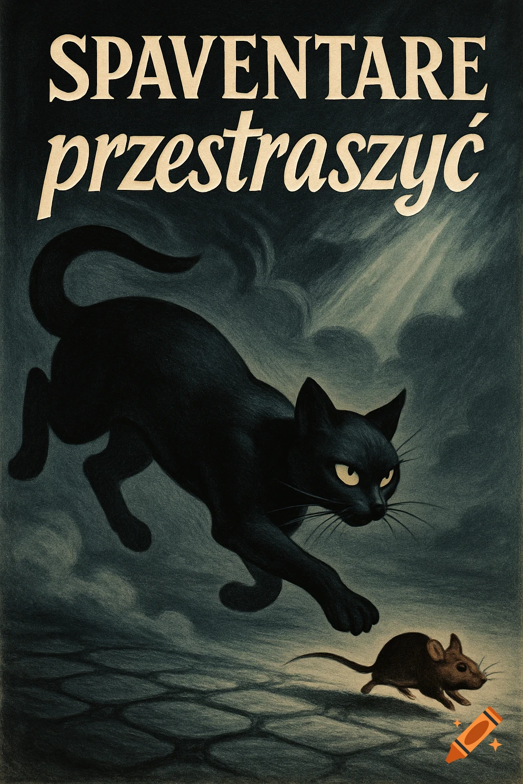Vintage illustration of a black cat with glowing eyes pouncing on a mouse on a dark cobblestone path, with text above.