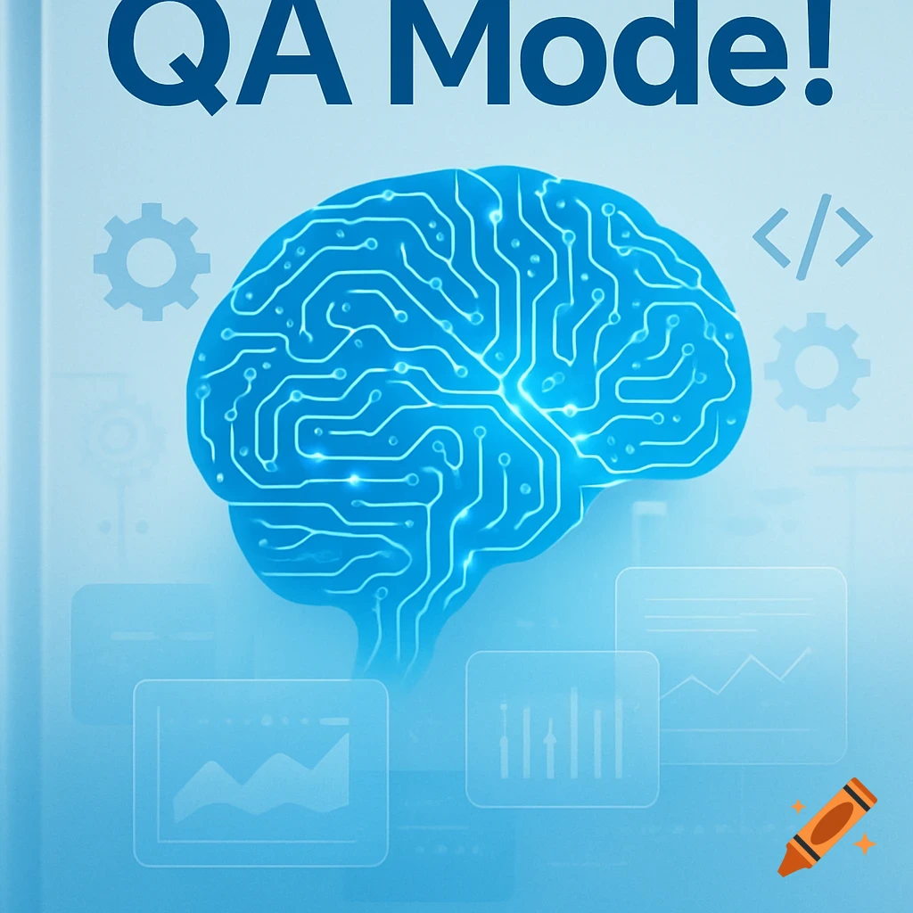 Blue graphic with 'QA Mode!' text, a glowing circuit-brain, gears, a code tag, and graph icons, symbolizing AI and software testing.