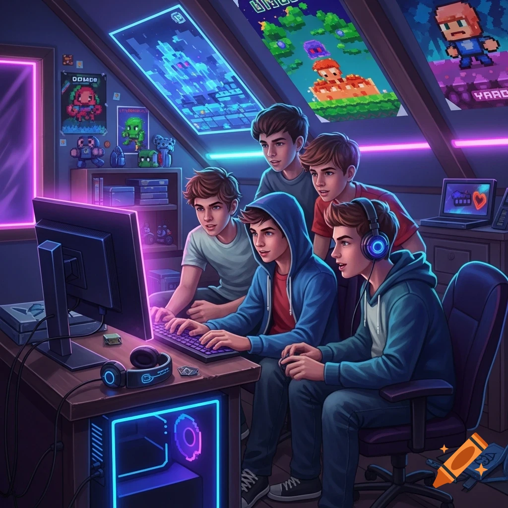 Four young boys gathered around a computer in a neon-lit room, playing a video game, with pixel art posters on the walls.
