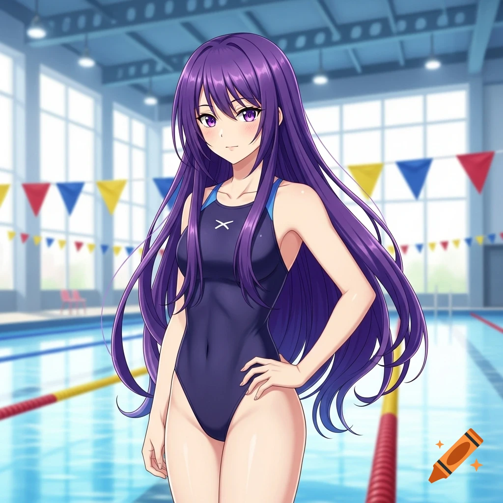 An anime woman with long purple hair and purple eyes, wearing a dark blue competition swimsuit with a light blue accent, standing confidently by a swimming pool.