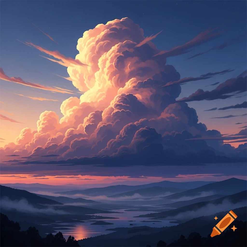 Vibrant anime-style landscape with massive, glowing cumulus clouds at sunset over mountains and a calm lake.