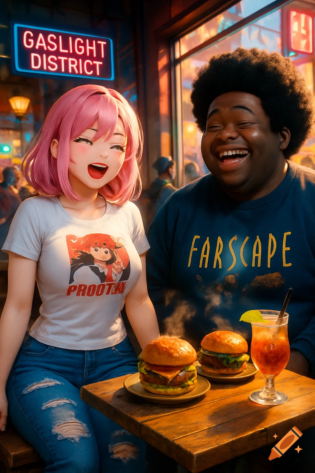 An anime girl with pink hair and a man with an afro laugh joyfully at a table in a bustling restaurant, with burgers and a drink in front of them, under a neon "GASLIGHT DISTRICT" sign.