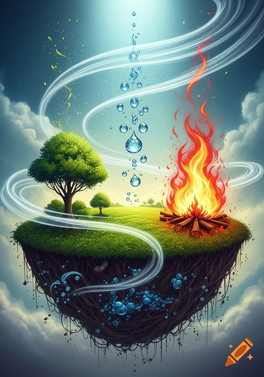 A vibrant floating island depicts the elements: green trees and grass for earth, a bonfire for fire, falling water droplets, and swirling air currents.