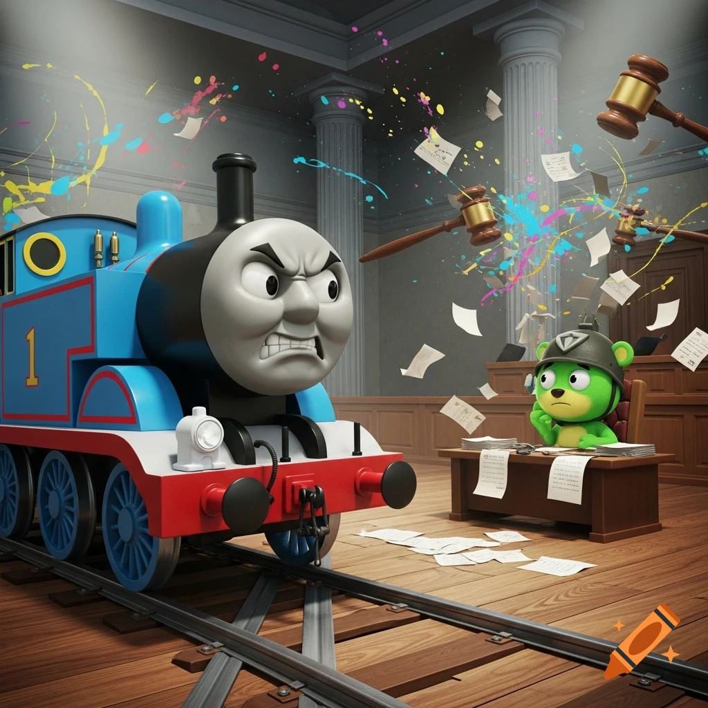 Angry Thomas the Tank Engine on train tracks in a chaotic courtroom, confronting a nervous green gummy bear character sitting at a desk, with gavels and papers flying around.