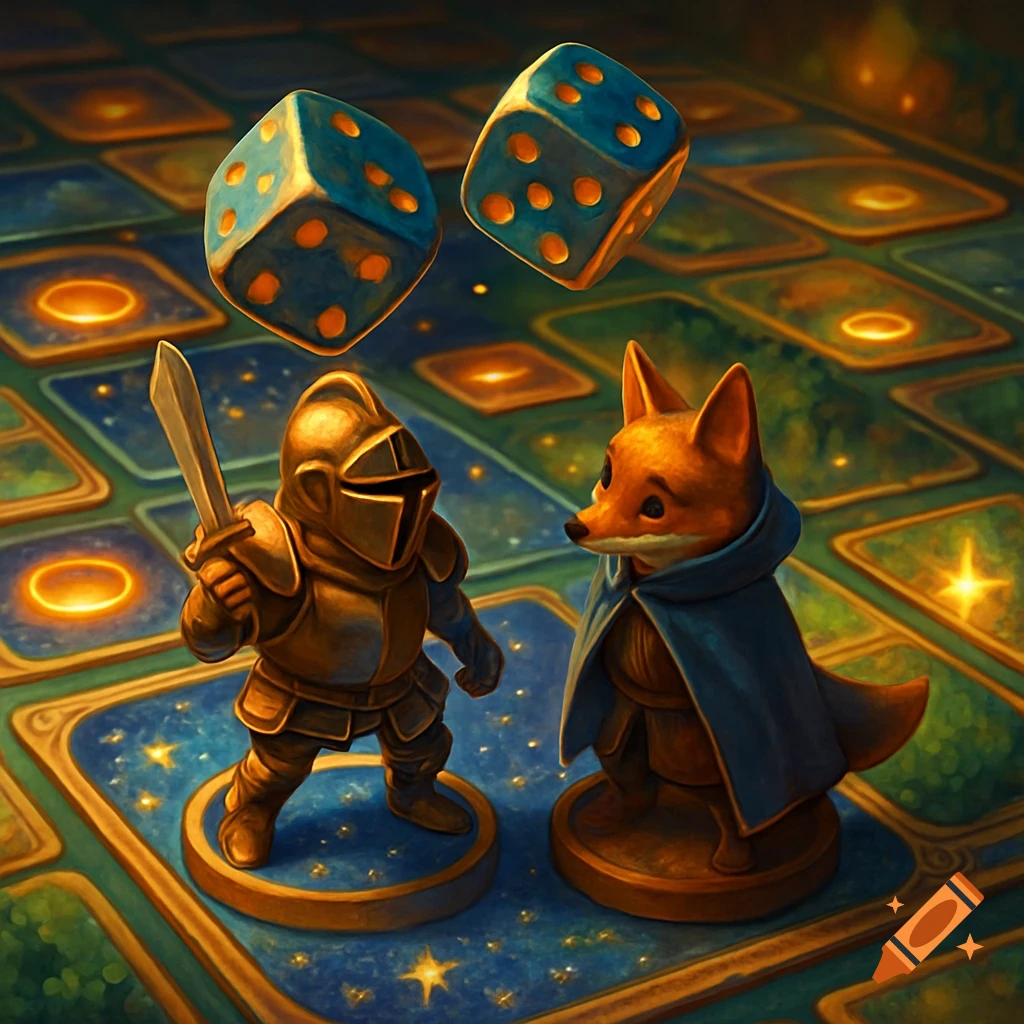 A golden knight and a fox in a blue cape stand on a glowing board game with two blue dice floating above them, in a stylized fantasy setting.