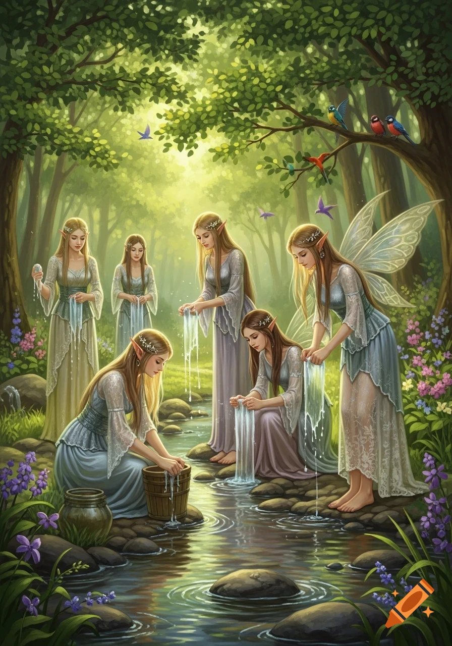Fantasy art of female elves washing fabric in a sunlit forest stream, surrounded by lush green trees and wildflowers.