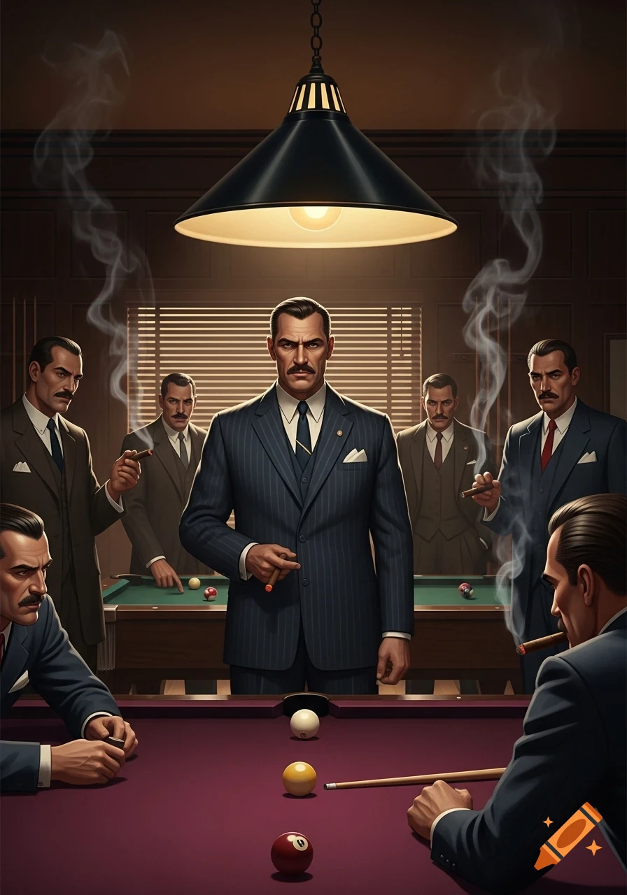 A group of stern-faced men in suits, some smoking cigars, play pool in a dimly lit, vintage room.