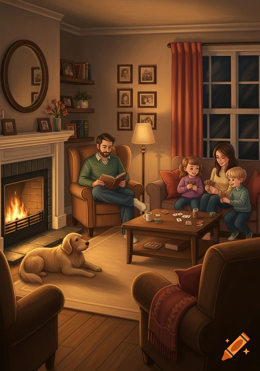 An illustrated family in a cozy living room with a fireplace. A father reads, a mother and children play cards, and a dog rests on the rug.