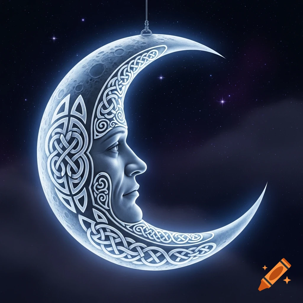A stylized crescent moon with a human-like face in profile, adorned with intricate Celtic knot patterns, glows against a starry night sky.