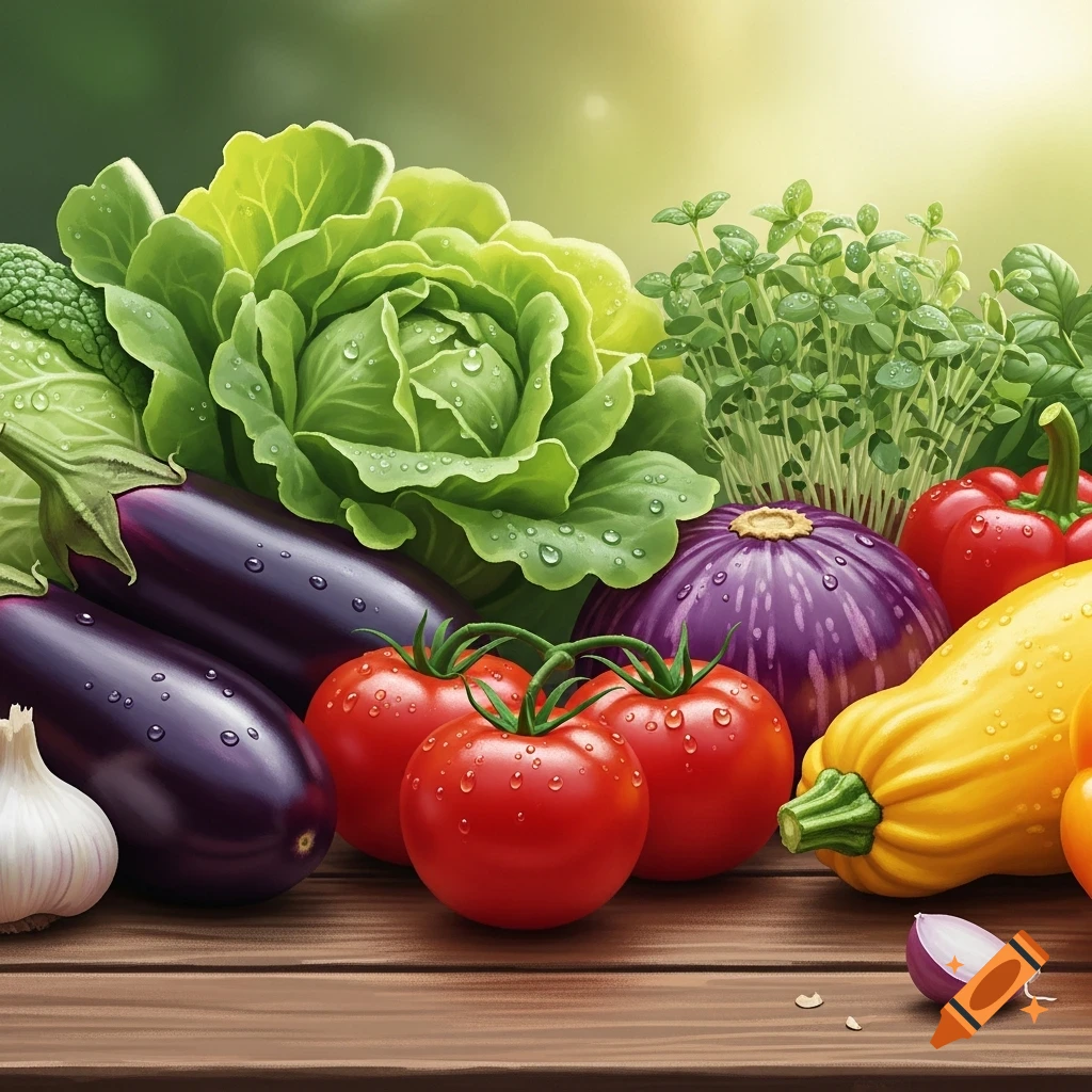 Fresh vegetables including cabbage, eggplants, tomatoes, squash, garlic, and herbs, with water droplets on a wooden table.