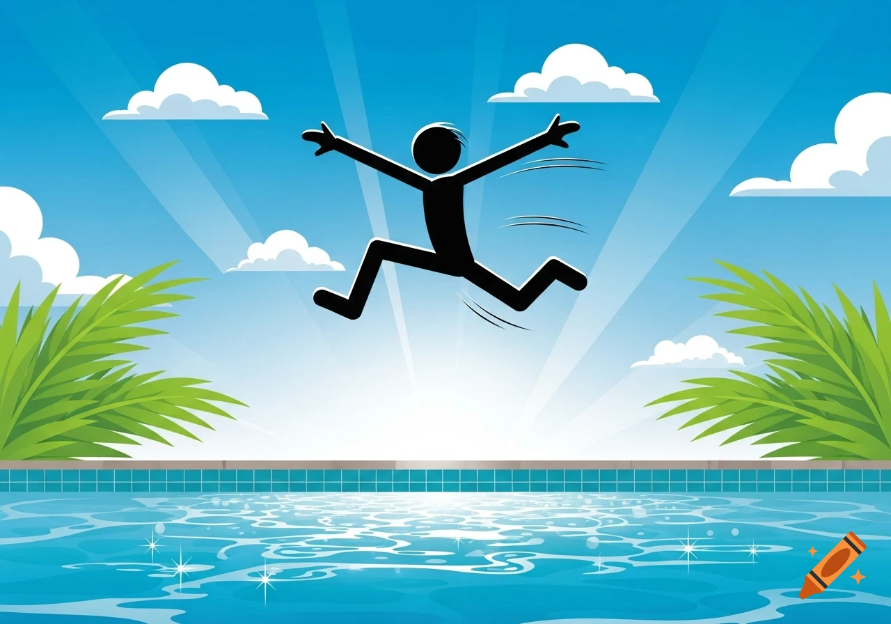 A black stick figure with outstretched arms and legs jumps over a blue swimming pool under a bright, sunny sky with clouds and green palm leaves.