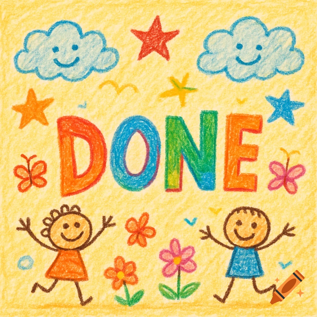 Cheerful crayon drawing with the word DONE, smiling clouds, stars, butterflies, flowers, and two happy stick-figure children.