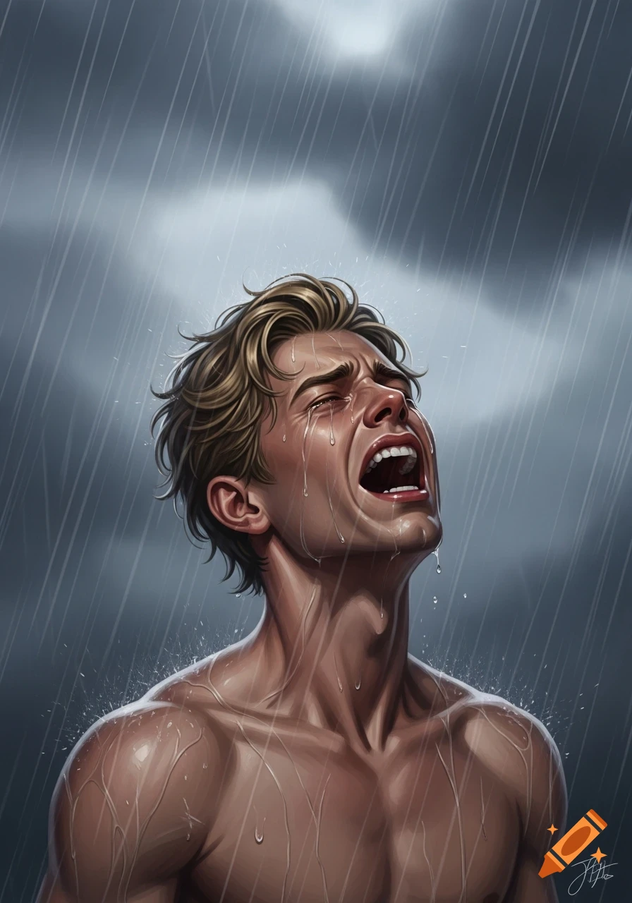 Digital art portrait of a crying blond man in his 20s, looking up with mouth open, as rain streams down his face and bare chest.