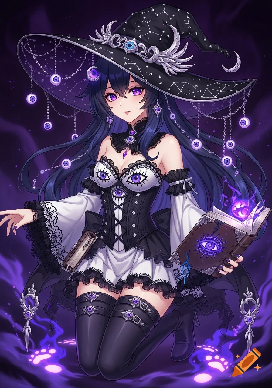 Anime witch with dark blue hair, purple eyes, a star-patterned witch hat with eye charms, and a corset dress, holding a magical book.