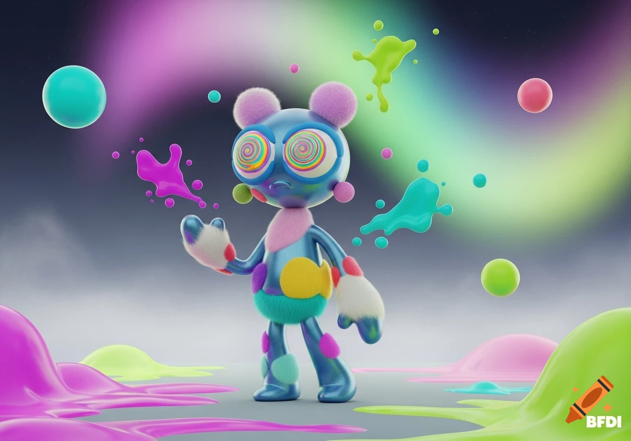 A vibrant 3D cartoon creature with rainbow swirly eyes and fuzzy patches, surrounded by colorful splatters and spheres.