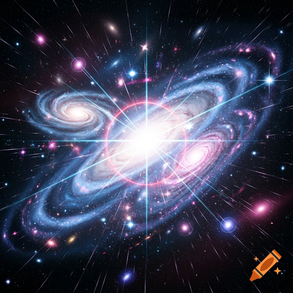 A vibrant, colorful galaxy with spiral arms, a bright white center emitting rays of light, and numerous stars across a dark cosmos.